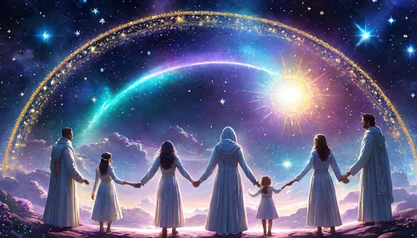  digital illustration, a group of starseeds, ethereal appearance, holding hands in a circle, starry background, glowing lights around their heads, cosmic energy, dreamlike, united vision, looking at viewer, dynamic pose, (intricate details, masterpiece, best quality)