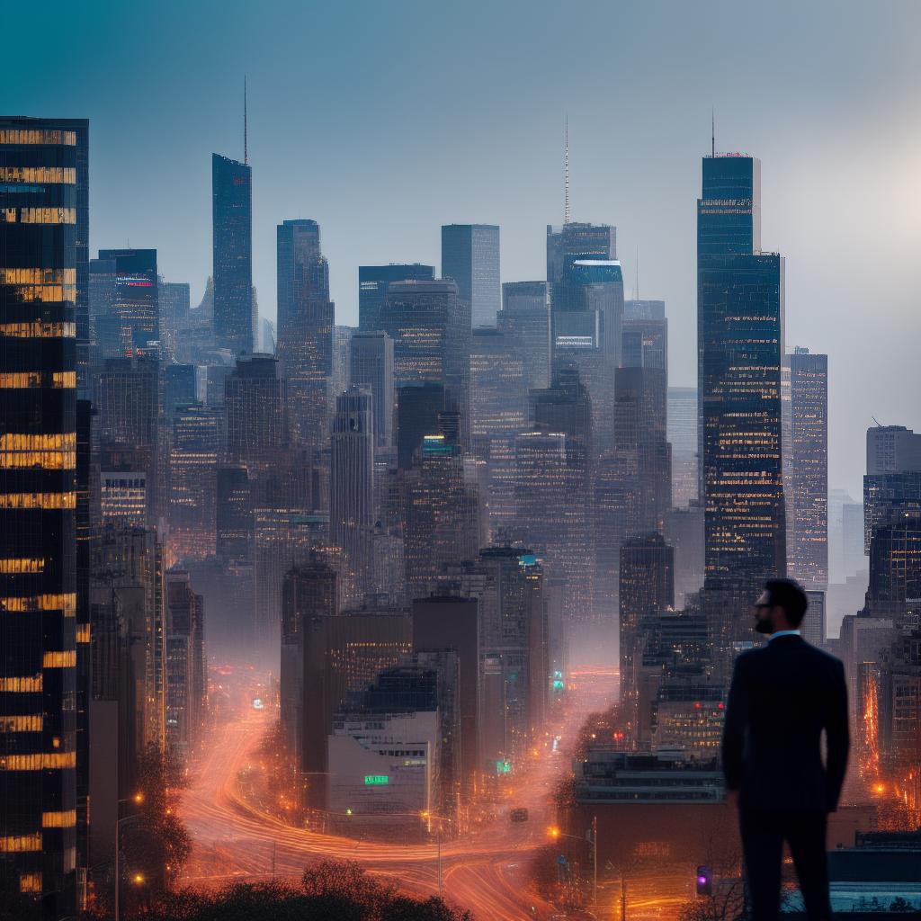  an entrepreneur against a city skyline, with dramatic lighting and a futuristic look hyperrealistic, full body, detailed clothing, highly detailed, cinematic lighting, stunningly beautiful, intricate, sharp focus, f/1. 8, 85mm, (centered image composition), (professionally color graded), ((bright soft diffused light)), volumetric fog, trending on instagram, trending on tumblr, HDR 4K, 8K