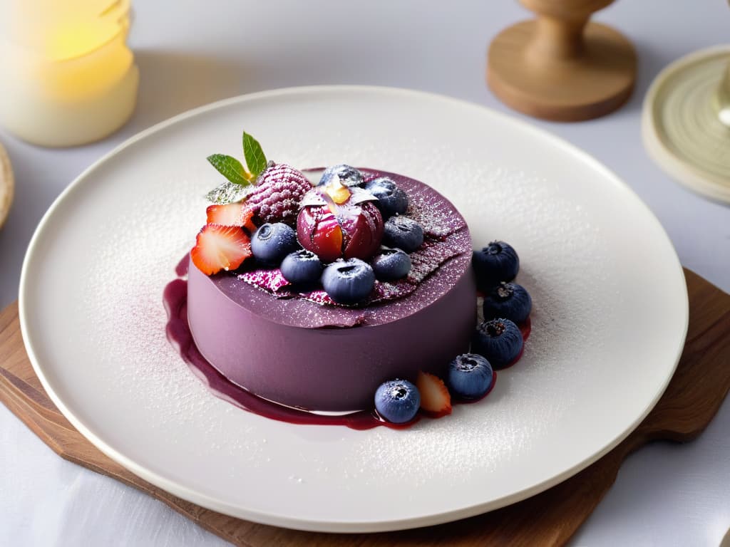  A highresolution, ultradetailed image of a luxurious açaí berry dessert presented on a sleek, modern white plate against a soft, blurred background. The dessert is an exquisite work of art, featuring layers of vibrant purple açaí mousse, topped with fresh berries, edible flowers, and delicate gold leaf accents. The presentation is elegant and minimalist, highlighting the natural beauty and rich colors of the açaí berry. hyperrealistic, full body, detailed clothing, highly detailed, cinematic lighting, stunningly beautiful, intricate, sharp focus, f/1. 8, 85mm, (centered image composition), (professionally color graded), ((bright soft diffused light)), volumetric fog, trending on instagram, trending on tumblr, HDR 4K, 8K