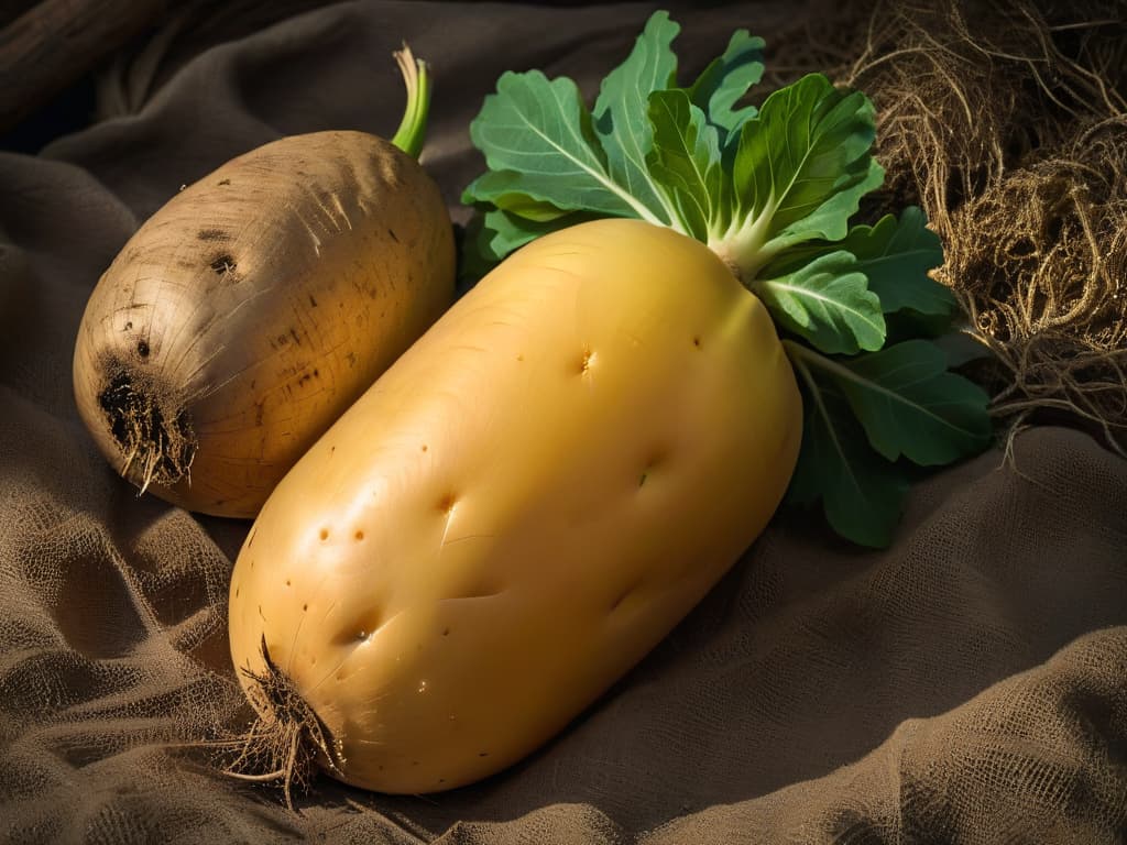  An ultradetailed 8k image of a closeup shot of a freshly harvested yacón tuber, showcasing its unique shape, texture, and earthy colors. The focus is on the intricate details of the tuber's skin, capturing the essence of its natural beauty and the potential for culinary creativity it represents. hyperrealistic, full body, detailed clothing, highly detailed, cinematic lighting, stunningly beautiful, intricate, sharp focus, f/1. 8, 85mm, (centered image composition), (professionally color graded), ((bright soft diffused light)), volumetric fog, trending on instagram, trending on tumblr, HDR 4K, 8K