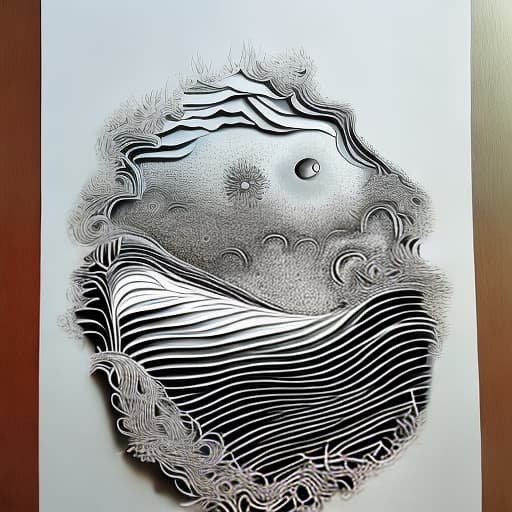 mdjrny-pprct drawing on A4 paper, clouds are hair, roots are beard, clothes are waves, inside nature, half colored