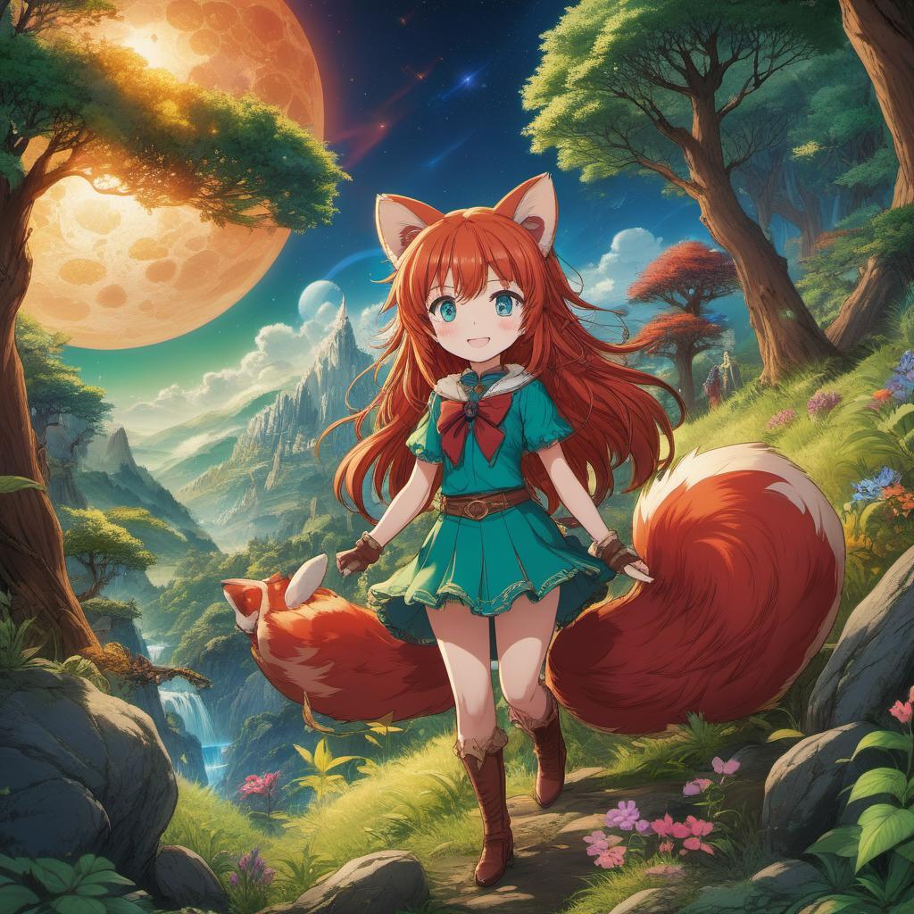  anime artwork Girl without ears and tail + red-haired, in green dress + red panda nearby + magical forest at night, on a large full moon, anime. . anime style, key visual, vibrant, studio anime,  highly detailed