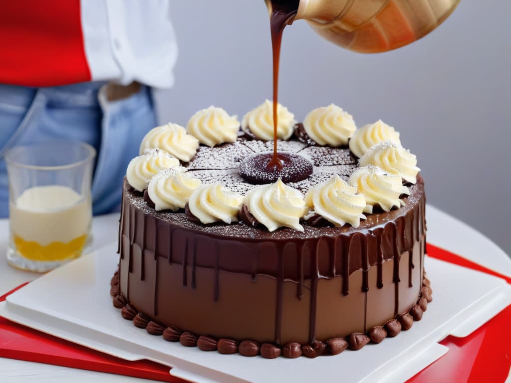  A closeup, photorealistic image of a smooth, velvety cream sauce being poured over a decadent chocolate cake, showcasing the perfect texture achieved through the use of thickeners in pastry making. The sauce is glossy and rich, with no lumps or clumps in sight, highlighting the science behind creating flawless sauces and creams in baking. The image captures the moment of pouring, with the sauce cascading down the sides of the cake, evoking a sense of indulgence and culinary mastery. hyperrealistic, full body, detailed clothing, highly detailed, cinematic lighting, stunningly beautiful, intricate, sharp focus, f/1. 8, 85mm, (centered image composition), (professionally color graded), ((bright soft diffused light)), volumetric fog, trending on instagram, trending on tumblr, HDR 4K, 8K