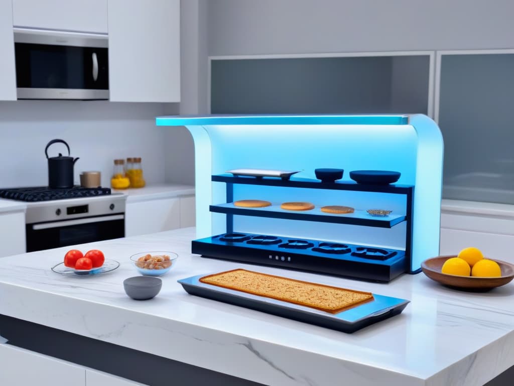  An ultradetailed, minimalist image of a sleek, futuristic kitchen setup with holographic AR baking instructions projected above a pristine marble countertop. The image showcases hightech baking tools neatly arranged, with vibrant, fresh ingredients on display, creating a visually stunning and aspirational learning environment for augmented reality baking beginners. hyperrealistic, full body, detailed clothing, highly detailed, cinematic lighting, stunningly beautiful, intricate, sharp focus, f/1. 8, 85mm, (centered image composition), (professionally color graded), ((bright soft diffused light)), volumetric fog, trending on instagram, trending on tumblr, HDR 4K, 8K