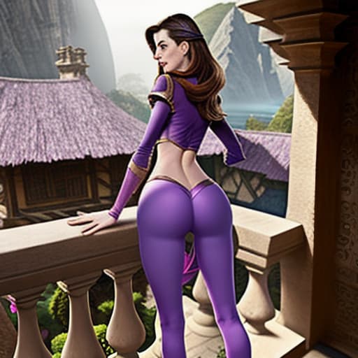  Anne Hathaway as a Fantasy Disney-like in bodytight costume,skinny purple short showing from behind while over balcony of her palace in Middle Earth kingdom