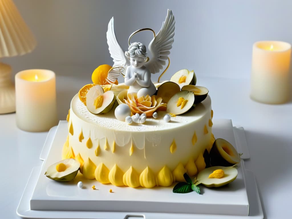  A photorealistic image of an intricately sculpted dessert masterpiece inspired by Renaissance art, featuring delicate sugar sculptures of cherubs, intricate floral details, and gravitydefying elements that challenge the viewer's perception of what is edible and what is art. The dessert is elegantly presented on a fine porcelain plate, set against a backdrop of soft candlelight casting dramatic shadows, creating a sense of awe and wonder. hyperrealistic, full body, detailed clothing, highly detailed, cinematic lighting, stunningly beautiful, intricate, sharp focus, f/1. 8, 85mm, (centered image composition), (professionally color graded), ((bright soft diffused light)), volumetric fog, trending on instagram, trending on tumblr, HDR 4K, 8K