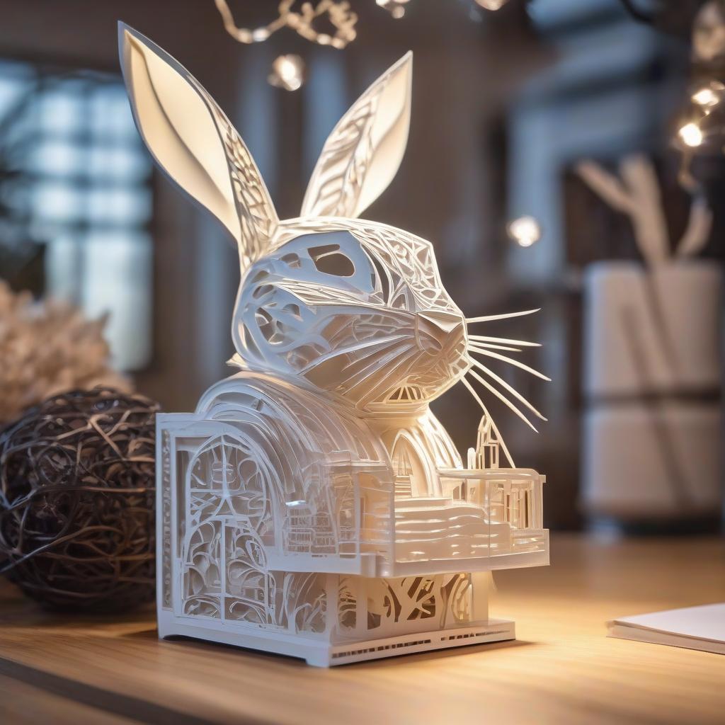  stacked papercut art of printer, Easter bunny made of paper, picture . 3D, layered, dimensional, depth, precision cut, stacked layers, papercut, high contrast hyperrealistic, full body, detailed clothing, highly detailed, cinematic lighting, stunningly beautiful, intricate, sharp focus, f/1. 8, 85mm, (centered image composition), (professionally color graded), ((bright soft diffused light)), volumetric fog, trending on instagram, trending on tumblr, HDR 4K, 8K