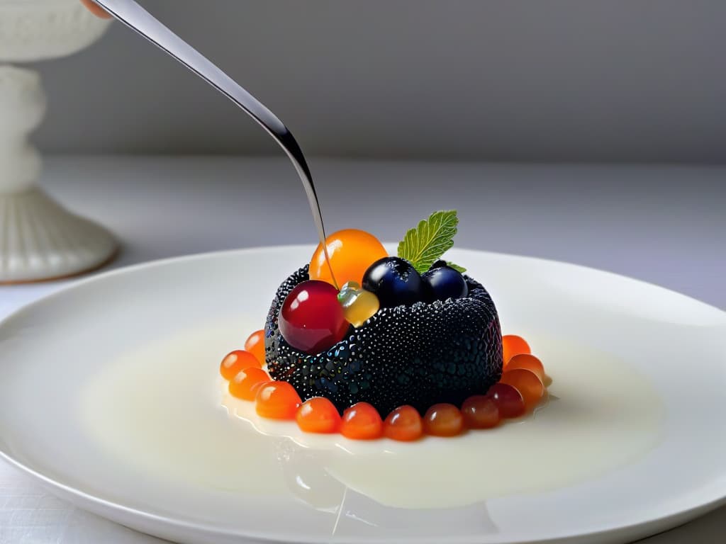  A closeup, ultradetailed image of vibrant, jewellike spheres of fruit caviar elegantly arranged on a sleek, white porcelain spoon. The caviar glistens under soft, natural lighting, showcasing the rich colors and enticing textures of each individual sphere. Each fruit caviar bead appears plump and bursting with flavor, creating a visually striking and sophisticated image that embodies the luxurious essence of incorporating fruit caviar into gourmet desserts. hyperrealistic, full body, detailed clothing, highly detailed, cinematic lighting, stunningly beautiful, intricate, sharp focus, f/1. 8, 85mm, (centered image composition), (professionally color graded), ((bright soft diffused light)), volumetric fog, trending on instagram, trending on tumblr, HDR 4K, 8K