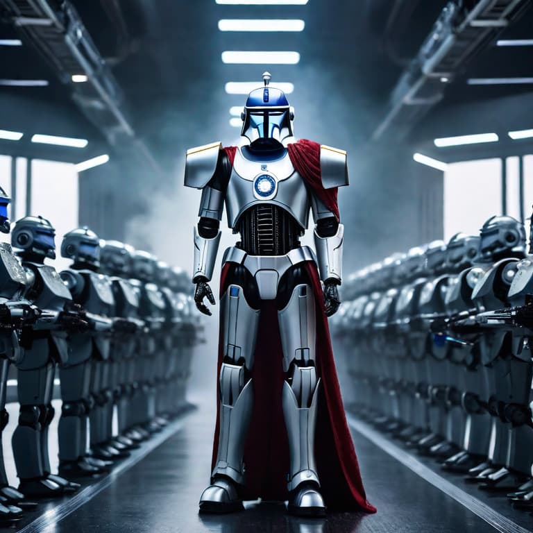  Galactic emperor overseeing a robot army hyperrealistic, full body, detailed clothing, highly detailed, cinematic lighting, stunningly beautiful, intricate, sharp focus, f/1. 8, 85mm, (centered image composition), (professionally color graded), ((bright soft diffused light)), volumetric fog, trending on instagram, trending on tumblr, HDR 4K, 8K