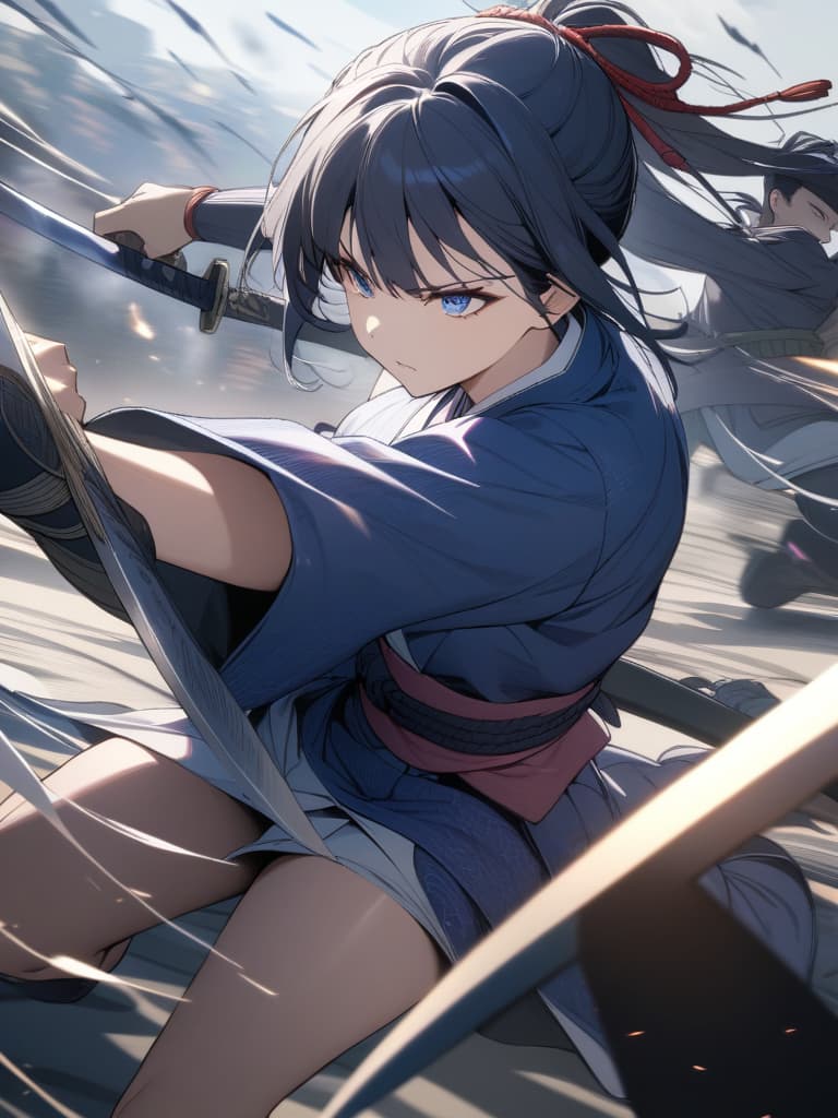  Swordsman,dark blue hair,blue eyes,eyes are shining,serious,holding a sword,beautiful girl,ponytail,kimono,navy blue kimono,beautiful,cool,action scene,during battle,battle scene,dynamism,samurai,female samurai,(absurd detailed:1.4、best quality:1.4、masterpiece:1.4)、, masterpiece, best quality,8k,ultra detailed,high resolution,an extremely delicate and beautiful,hyper detail