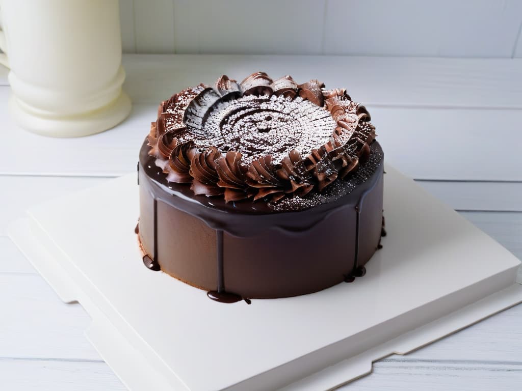  An ultradetailed closeup image of a rich, decadent chocolate cake topped with a perfectly smooth and glossy ganache, sprinkled with delicate shavings of fair trade dark chocolate. The cake sits on a sleek, white porcelain plate, with a dusting of powdered sugar creating a subtle contrast. The lighting is soft, highlighting the intricate texture of the cake and the luxurious shine of the ganache. hyperrealistic, full body, detailed clothing, highly detailed, cinematic lighting, stunningly beautiful, intricate, sharp focus, f/1. 8, 85mm, (centered image composition), (professionally color graded), ((bright soft diffused light)), volumetric fog, trending on instagram, trending on tumblr, HDR 4K, 8K