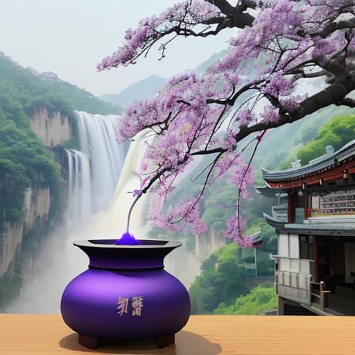  Hello, help me to create a painting according to the first sentence of Li Bai's ancient poem "Looking at Lushan Waterfall": Sunshine incense burner produces purple smoke. Thank you.