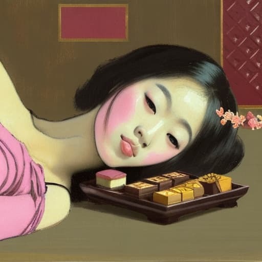  Attractive Beautiful young Asian reclining with moist pink parted lips. Forground is plates of fine dark chocolates. Background is an Asian palace. Painting style of Edgar Degas