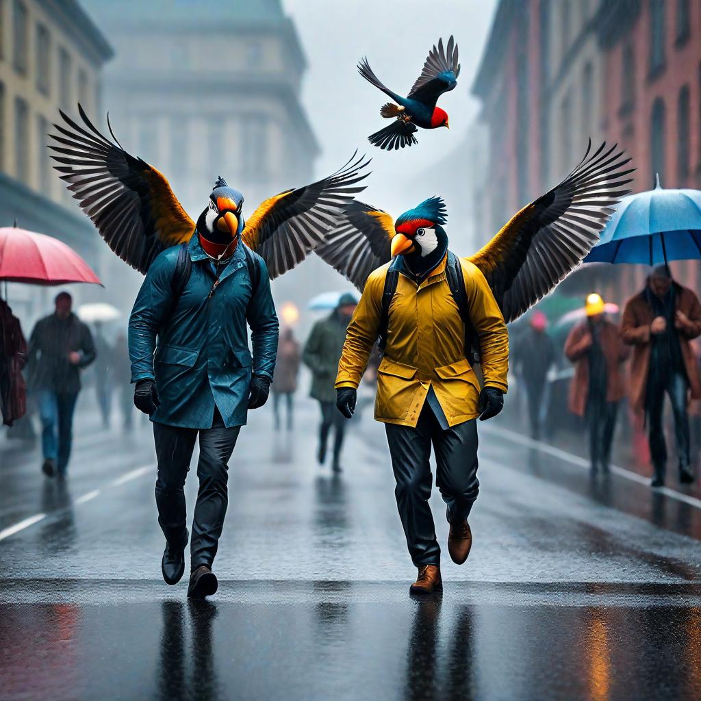  Happy birds flying on a rainy day. hyperrealistic, full body, detailed clothing, highly detailed, cinematic lighting, stunningly beautiful, intricate, sharp focus, f/1. 8, 85mm, (centered image composition), (professionally color graded), ((bright soft diffused light)), volumetric fog, trending on instagram, trending on tumblr, HDR 4K, 8K