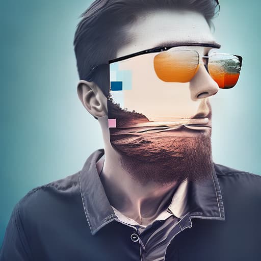 dublex style 3D, man wearing glasses, drawing motion holding pencil on the paper, half colored drawing looks like puzzle pieces