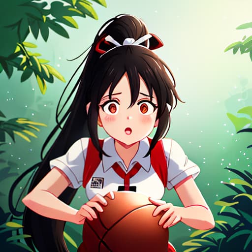  anime girl black hair bright dark brown eyes red and white basketball uniform with the number 18 and the name Nicky white and black shoes Have your hair in a medium high ponytail with two strands on the sides of your ears, have a basketball and look full body Pastel Palette, Da Vinci's Dreams, Picasso's , Sunrise Splendors, Floral Fantasy, Mystical Moonscapes, Urban Nature, Crystal Clear, Cinematic hyperrealistic, full body, detailed clothing, highly detailed, cinematic lighting, stunningly beautiful, intricate, sharp focus, f/1. 8, 85mm, (centered image composition), (professionally color graded), ((bright soft diffused light)), volumetric fog, trending on instagram, trending on tumblr, HDR 4K, 8K