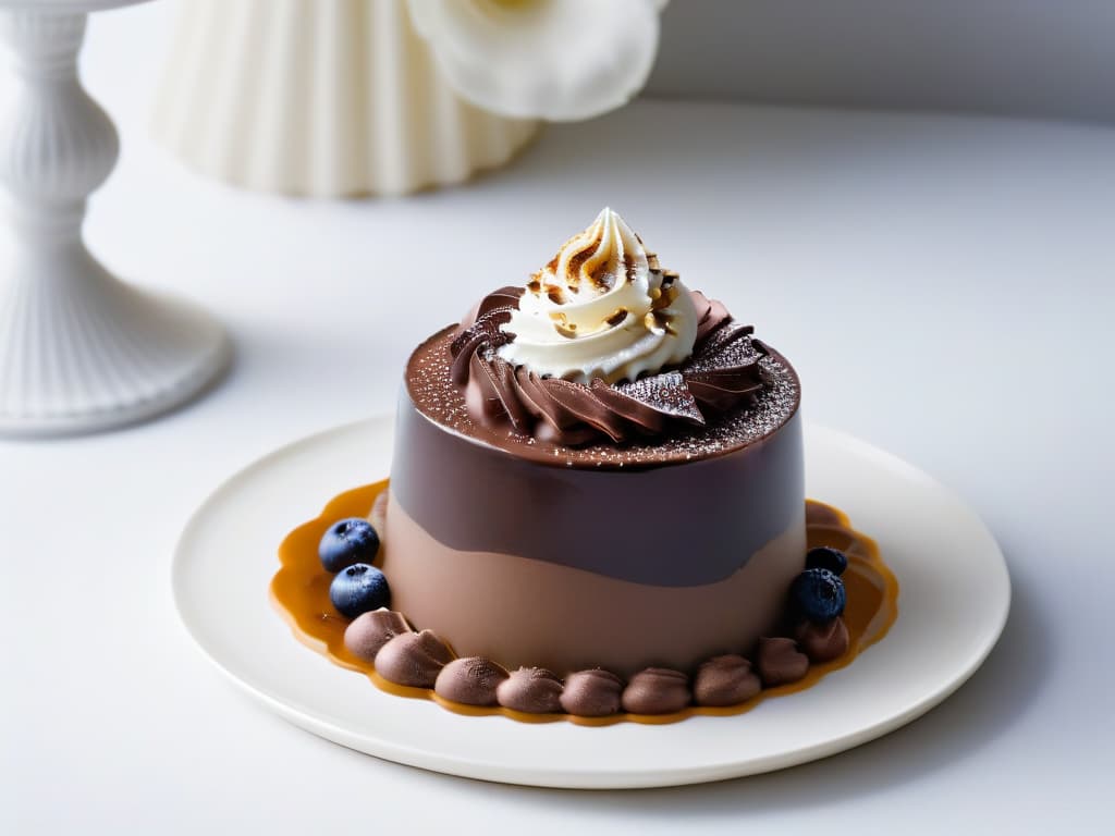  An ultradetailed closeup image of a velvety chocolate mousse in a sleek, modern glass dessert cup. The mousse is perfectly smooth, with a glossy finish that reflects ambient light, showcasing its creamy texture. The dark chocolate color contrasts elegantly against the pristine glass, emphasizing the luxurious and sophisticated nature of this delectable dessert. hyperrealistic, full body, detailed clothing, highly detailed, cinematic lighting, stunningly beautiful, intricate, sharp focus, f/1. 8, 85mm, (centered image composition), (professionally color graded), ((bright soft diffused light)), volumetric fog, trending on instagram, trending on tumblr, HDR 4K, 8K