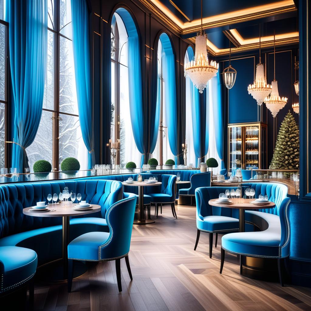  Luxury product style (Cafe interior). (Floor and walls):decorated with snowy intricate patterns of blue, white, silver snowflakes. (Furniture): elegant tables and chairs are forged from ice crystals and sparkle in the starlight. The windows are covered with openwork curtains made of frost. . Elegant, sophisticated, high end, luxurious, professional, highly detailed hyperrealistic, full body, detailed clothing, highly detailed, cinematic lighting, stunningly beautiful, intricate, sharp focus, f/1. 8, 85mm, (centered image composition), (professionally color graded), ((bright soft diffused light)), volumetric fog, trending on instagram, trending on tumblr, HDR 4K, 8K