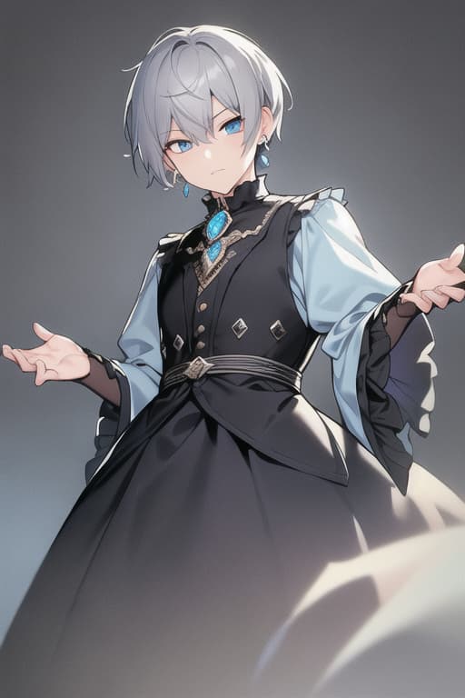  (high saturation:1.5),(high saturation eyes:1.5),solo,male,shota,looking at viewer,short hair,bangs,blue eyes,shirt,long sleeves,1boy,hair between eyes,jewelry,closed mouth,upper body,grey hair,male focus,earrings,frills,hand up,grey background,black shirt,brooch,gem,blue gemstone, hyperrealistic, full body, detailed clothing, highly detailed, cinematic lighting, stunningly beautiful, intricate, sharp focus, f/1. 8, 85mm, (centered image composition), (professionally color graded), ((bright soft diffused light)), volumetric fog, trending on instagram, trending on tumblr, HDR 4K, 8K