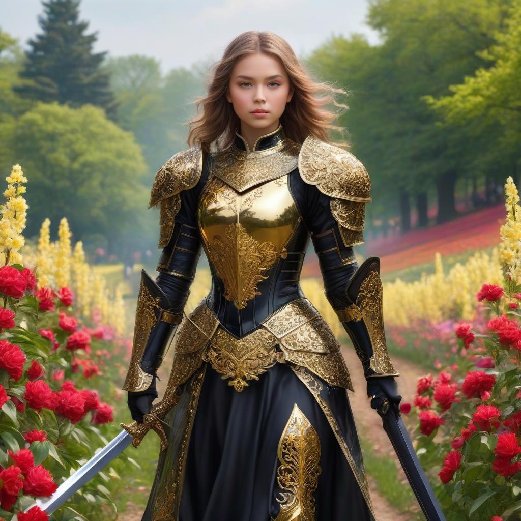  A girl in armor. A black sword with gold details. Fire. The rigor of the lines. Power. The sword gives off electric shocks. Highly detailed, highly detailed, highly detailed image and all details. ((Sparkling rim)): spring field, hyacinths, roses, rosehips, rose hips, peonies, cherry tree, yellow, red, black flowers, forget me nots. Nature in the background, spring, delight. Luxury, richness. High quality. Swarovski, pandora. The Emerald Palace, the towers. Holobue sky. Golden spires, Gothic style. Fantasy, fairy tale. Poppy field in front of palace. Emerald stones, Green Alley.Luxury, wealth. spring field, hyacinths, roses, rosehips, rose hips, peonies, cherry tree, yellow, red, black flowers, forget me nots. Honoré Fargonard, Alfonso M hyperrealistic, full body, detailed clothing, highly detailed, cinematic lighting, stunningly beautiful, intricate, sharp focus, f/1. 8, 85mm, (centered image composition), (professionally color graded), ((bright soft diffused light)), volumetric fog, trending on instagram, trending on tumblr, HDR 4K, 8K