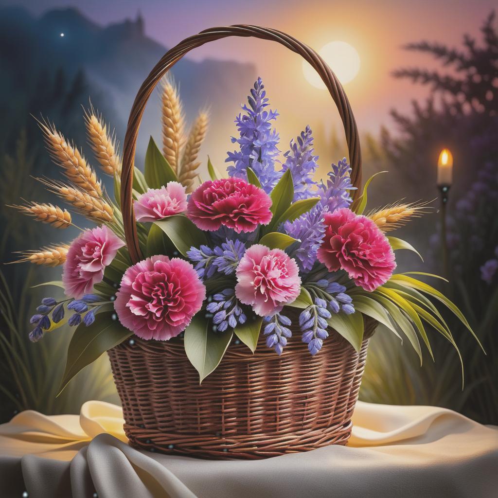  watercolor painting (Bouquet in a wicker basket). The handle of the basket is decorated with a white satin bow with brown polka dots. In the basket is a floral composition: of wheat ears, burgundy carnations, flowers, lavender and in the centre of the bouquet one white pink lily. (Background):night starry sky with flashes of fireworks. Style:fantasy, watercolour, landscape still life genre. . vibrant, beautiful, painterly, detailed, textural, artistic hyperrealistic, full body, detailed clothing, highly detailed, cinematic lighting, stunningly beautiful, intricate, sharp focus, f/1. 8, 85mm, (centered image composition), (professionally color graded), ((bright soft diffused light)), volumetric fog, trending on instagram, trending on tumblr, HDR 4K, 8K