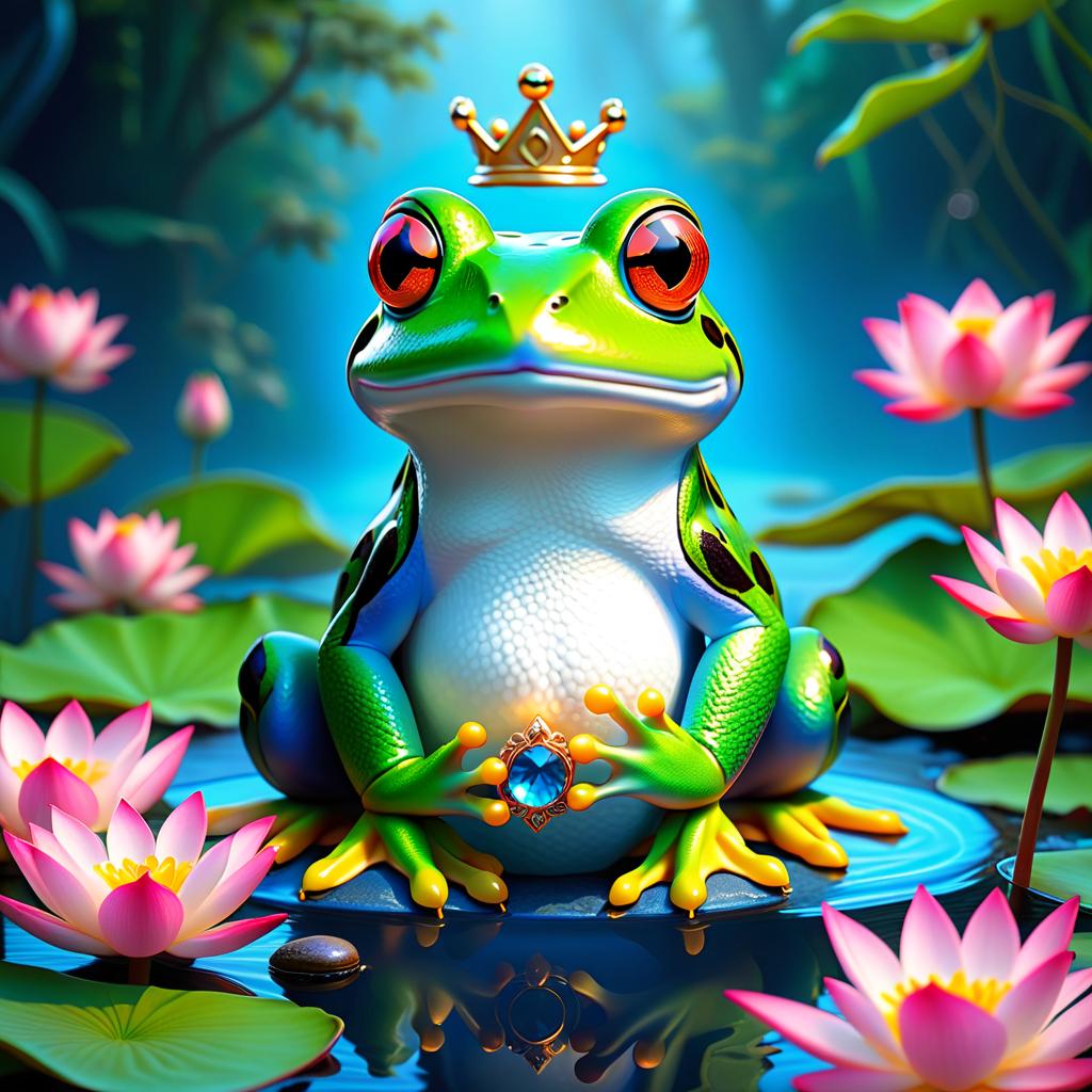  ethereal fantasy concept art of (Background): a lake with blooming lotuses of different shades: from white pink to bright crimson and leaves of tender green colour. The sky above the lake of dark blue colour with golden stars scattered on it. (Fantasy Princess Frog): in the centre of the lake on the biggest lotus flower sits a charming frog in a golden crown decorated with blue and blue precious stones. In his paws he holds a ring decorated with blue stones. Style: fantasy, Russian fairy tales, illustrations. . magnificent, celestial, ethereal, painterly, epic, majestic, magical, fantasy art, cover art, dreamy hyperrealistic, full body, detailed clothing, highly detailed, cinematic lighting, stunningly beautiful, intricate, sharp focus, f/1. 8, 85mm, (centered image composition), (professionally color graded), ((bright soft diffused light)), volumetric fog, trending on instagram, trending on tumblr, HDR 4K, 8K