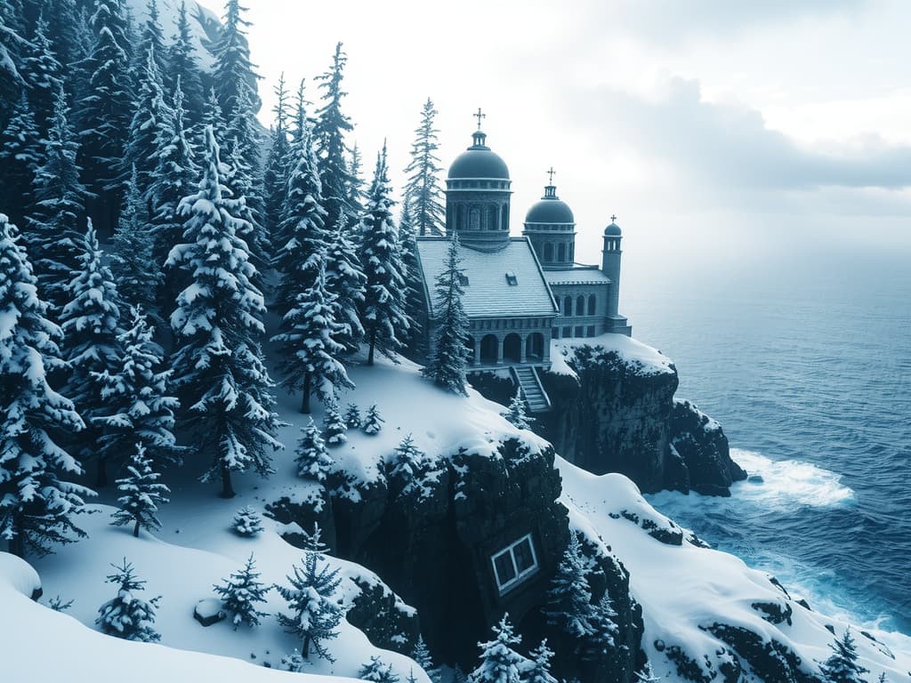  snowy arctic island covered in pine forests just above a stormy sea, the island looms 150 feet over the water in icy, treacherous cliffs, gothic mausoleum stands on the northern end of the island, haunting, 1990s ravenloft art ar 16:9 hyperrealistic, full body, detailed clothing, highly detailed, cinematic lighting, stunningly beautiful, intricate, sharp focus, f/1. 8, 85mm, (centered image composition), (professionally color graded), ((bright soft diffused light)), volumetric fog, trending on instagram, trending on tumblr, HDR 4K, 8K