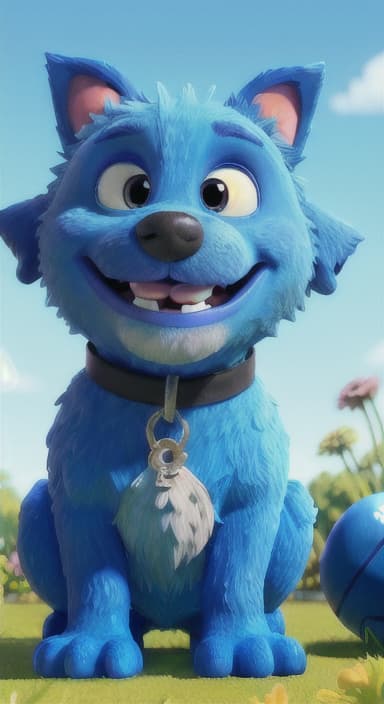  {Max carefully picking up the ball with his teeth without disturbing the flowers, The big blue dog is large with sky blue fur, big round eyes, a black nose, and floppy ears.