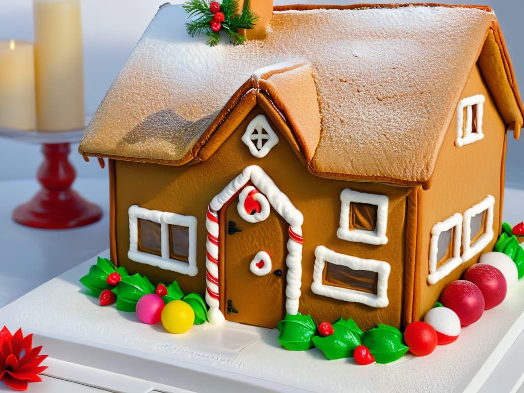  A closeup, ultradetailed image of a beautifully decorated sugarfree gingerbread house, adorned with intricate icing patterns and colorful sugarfree candy canes, set against a clean white background. The gingerbread house is meticulously crafted, showcasing the artistry and skill that can go into creating festive treats for individuals with diabetes. hyperrealistic, full body, detailed clothing, highly detailed, cinematic lighting, stunningly beautiful, intricate, sharp focus, f/1. 8, 85mm, (centered image composition), (professionally color graded), ((bright soft diffused light)), volumetric fog, trending on instagram, trending on tumblr, HDR 4K, 8K