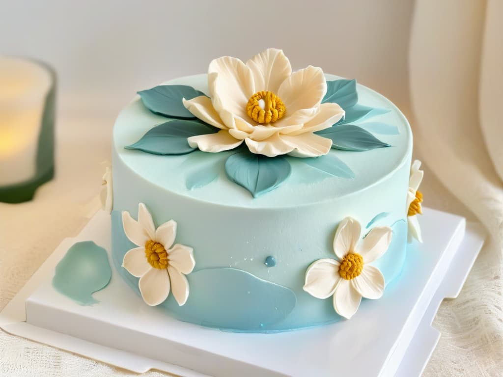  A closeup, ultradetailed image of a delicate, intricately designed sugar flower resting on a perfectly smooth fondant cake. The flower showcases lifelike details, from the delicate veins on its petals to the shimmering dusting of edible gold on its edges. The soft pastel hues of the flower contrast elegantly with the pristine white fondant, creating a visually stunning and minimalist composition that exudes sophistication and craftsmanship. hyperrealistic, full body, detailed clothing, highly detailed, cinematic lighting, stunningly beautiful, intricate, sharp focus, f/1. 8, 85mm, (centered image composition), (professionally color graded), ((bright soft diffused light)), volumetric fog, trending on instagram, trending on tumblr, HDR 4K, 8K