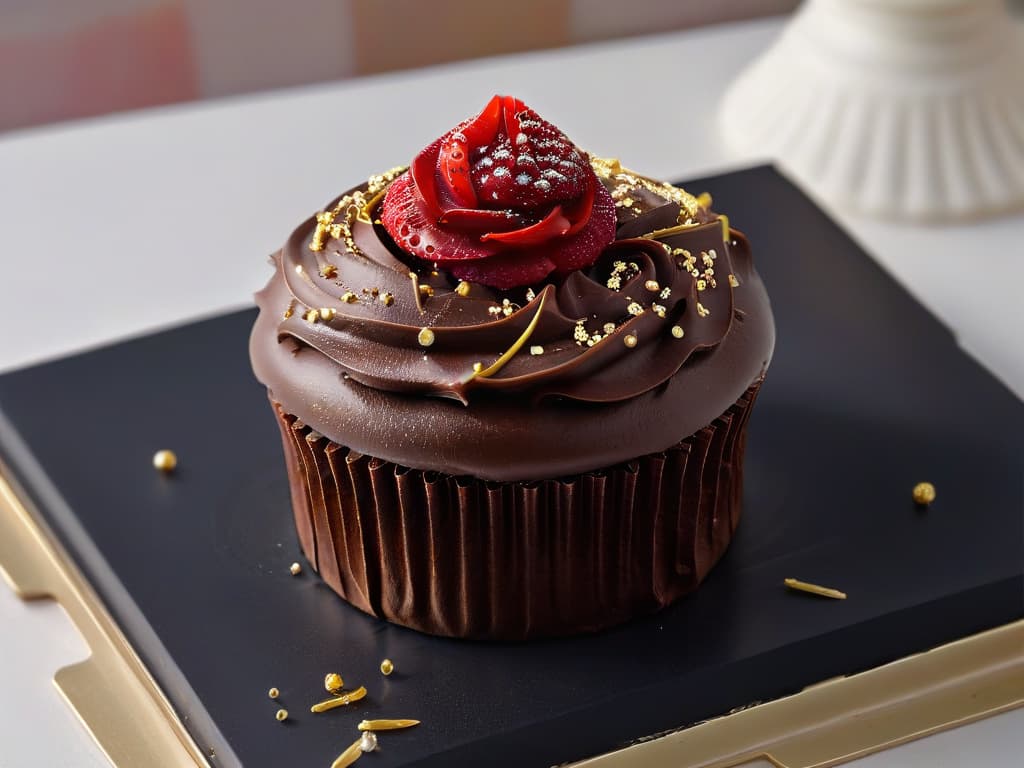  A closeup, ultradetailed image of a delicate, intricately designed cupcake topped with glossy chocolate ganache and a single perfect raspberry, all resting on a sleek, matte black plate. The cupcake is subtly dusted with a sprinkle of edible gold flakes, catching the light to create a mesmerizing sparkle. The rich colors of the dessert contrast beautifully with the minimalist background, emphasizing the exquisite textures and flavors waiting to be explored through touch and taste. hyperrealistic, full body, detailed clothing, highly detailed, cinematic lighting, stunningly beautiful, intricate, sharp focus, f/1. 8, 85mm, (centered image composition), (professionally color graded), ((bright soft diffused light)), volumetric fog, trending on instagram, trending on tumblr, HDR 4K, 8K