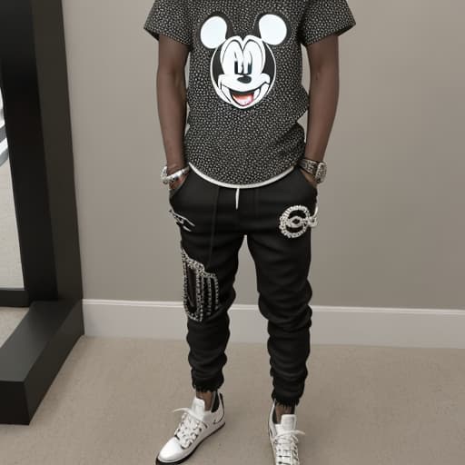 Mickey Mouse with dreads
Amiri pants and shirt Cuban link chain and a AP wrist watch