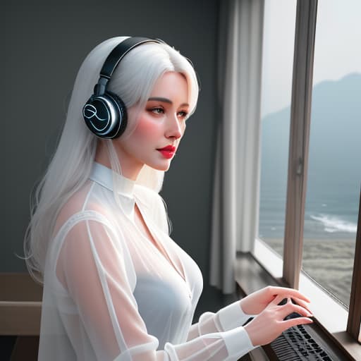  analog style, best quality, gorgeous young Swiss sitting by window with headphones on, wearing white with translucent shirt over, soft lips, beach hair, octane render, unreal engine, photograph, realistic skin texture, photorealistic, hyper realism, highly detailed, 85mm portrait photography, award winning, hard rim lighting photography hyperrealistic, full body, detailed clothing, highly detailed, cinematic lighting, stunningly beautiful, intricate, sharp focus, f/1. 8, 85mm, (centered image composition), (professionally color graded), ((bright soft diffused light)), volumetric fog, trending on instagram, trending on tumblr, HDR 4K, 8K