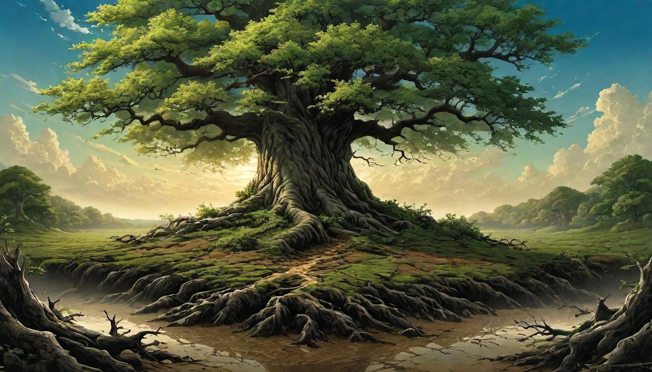  （surrealism)A sturdy oak tree rooted deeply in fertile soil, leaves vibrant and flourishing under a clear sky, strength, deep roots of integrity, thriving nature, symbol of steadfast values mystic, intricate details, best quality)