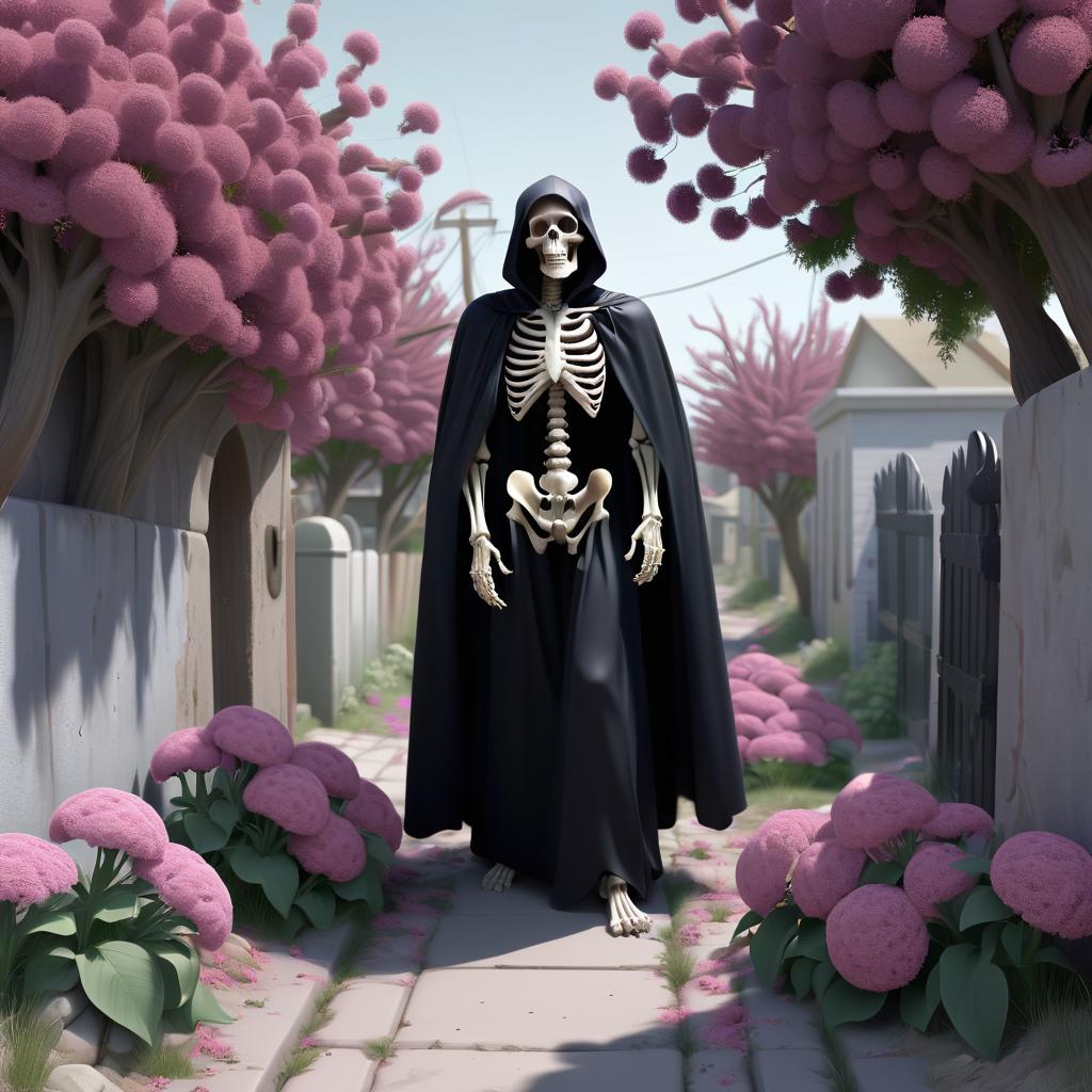  Death in cape on background of blooming alley.
