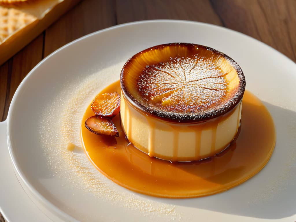  An ultradetailed closeup image of a delicate, perfectly caramelized crème brûlée, with a thin, crackling sugar crust on top, resting on a pristine white plate. The golden caramel shards shimmer under a soft, natural light, highlighting the intricate details of the dessert's surface texture. The contrast between the creamy, velvety custard and the crisp caramelized sugar creates a visually striking composition that embodies the essence of indulgent yet refined dessert making. hyperrealistic, full body, detailed clothing, highly detailed, cinematic lighting, stunningly beautiful, intricate, sharp focus, f/1. 8, 85mm, (centered image composition), (professionally color graded), ((bright soft diffused light)), volumetric fog, trending on instagram, trending on tumblr, HDR 4K, 8K