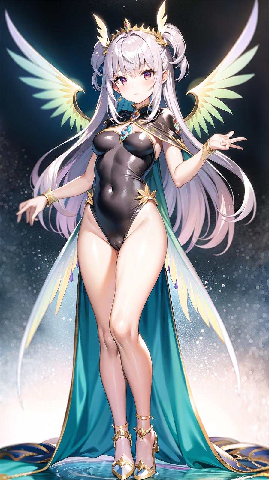  master piece , best quality,Leotard Lower body dress Double cape Tiara Jewelry Light wings Iridescent Long two side up hair Big s Human Magic wand Magical Transformation Full body