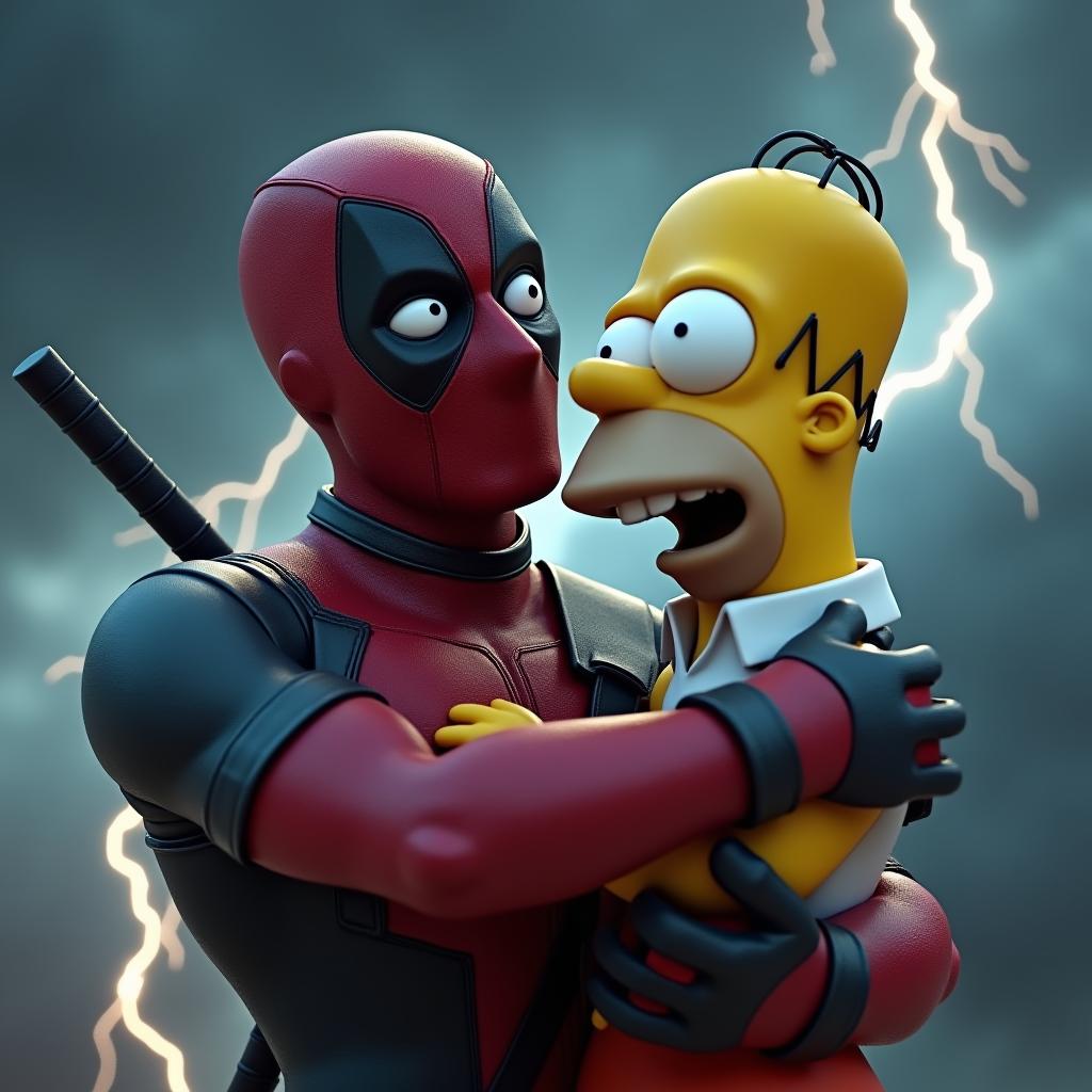  good quality, high quality, a cinematic 3d render of deadpool clutching a realistic homer simpson figure. deadpool's facial expression shows a mix of surprise and determination, while homer's face is a comical blend of shock and amusement. the background features a dramatic, stormy sky, with lightning bolts zigzagging between dark clouds, creating a sense of excitement and tension.