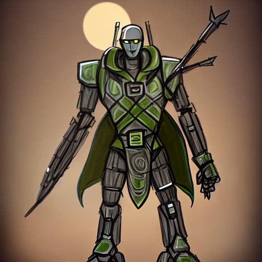  nature background warforged, his body fully is a tree body robot, behind him it's a large satchel bag, he holding a longbow in his hand, in large satchel bag is arrow, he wereing ranger clothes.