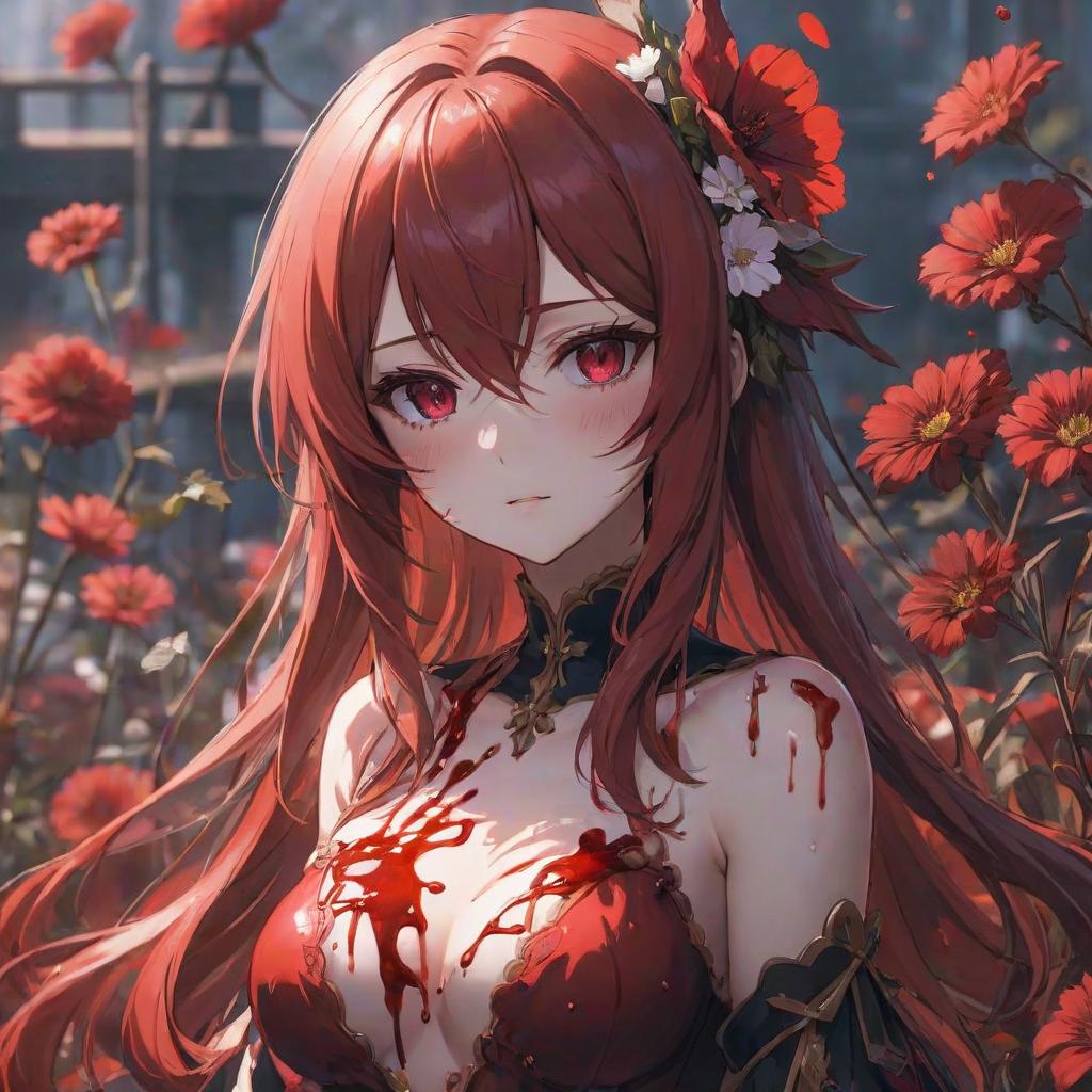  Stained anime girl entirely in blood, with flowers. hyperrealistic, full body, detailed clothing, highly detailed, cinematic lighting, stunningly beautiful, intricate, sharp focus, f/1. 8, 85mm, (centered image composition), (professionally color graded), ((bright soft diffused light)), volumetric fog, trending on instagram, trending on tumblr, HDR 4K, 8K