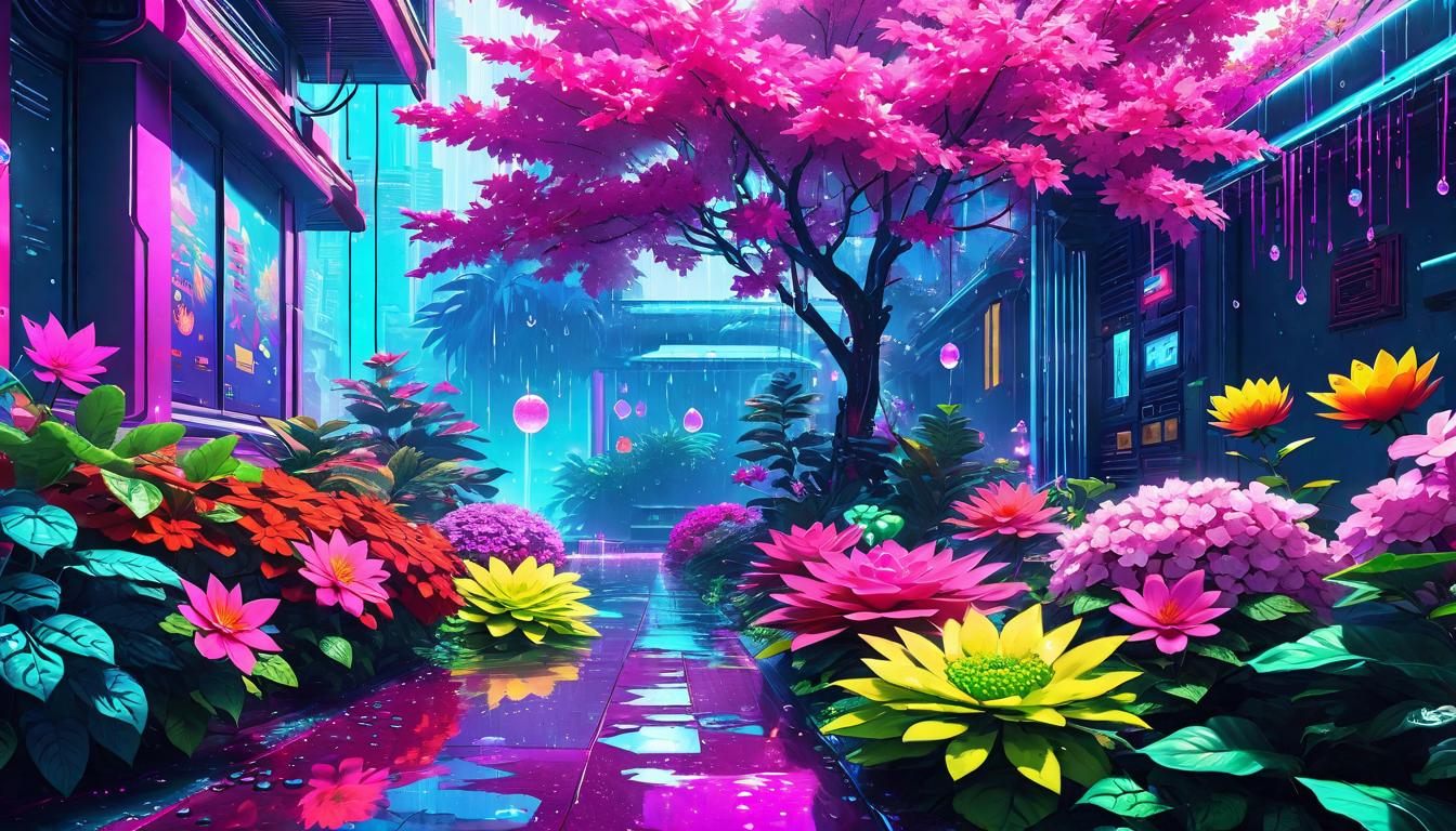  vaporwave,cyberpunk game style A thriving garden after a rainstorm, vivid colors of flowers and leaves, droplets on petals, symbolizing resilience and thriving, vibrant, aliveeon, dystopian, futuristic, digital, vibrant, detailed, high contrast, reminiscent of cyberpunk genre video games,retro aesthetic, cyberpunk, vibrant, neon colors, vintage 80s and 90s style, highly detailed