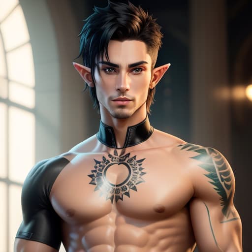  shirtless male, half-elf, short black hair, green eyes, tattoos, thin toned build, ranger, hyperrealistic, high quality, highly detailed, perfect lighting, intricate, sharp focus, f/1. 8, 85mm, (centered image composition), (professionally color graded), ((bright soft diffused light)), trending on instagram, HDR 4K, 8K