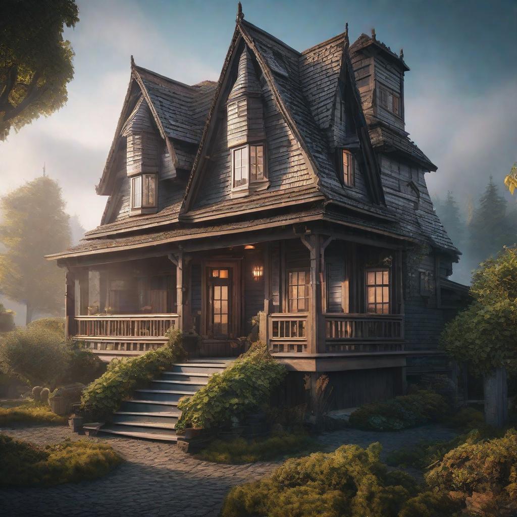  Fantasy House hyperrealistic, full body, detailed clothing, highly detailed, cinematic lighting, stunningly beautiful, intricate, sharp focus, f/1. 8, 85mm, (centered image composition), (professionally color graded), ((bright soft diffused light)), volumetric fog, trending on instagram, trending on tumblr, HDR 4K, 8K