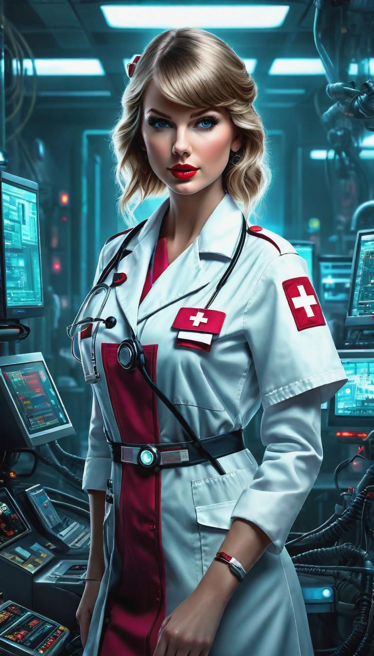  Cyberpunk style depiction of Taylor Swift as a nurse. The scene is set in a world where technology has advanced, but society and human conditions have not, creating a gritty, dystopian atmosphere. hyperrealistic, full body, detailed clothing, highly detailed, cinematic lighting, stunningly beautiful, intricate, sharp focus, f/1. 8, 85mm, (centered image composition), (professionally color graded), ((bright soft diffused light)), volumetric fog, trending on instagram, trending on tumblr, HDR 4K, 8K