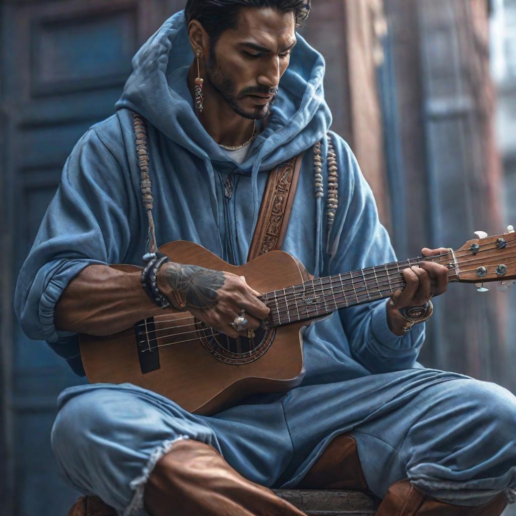  Alguien tocando ukelele con una sudadera azul hyperrealistic, full body, detailed clothing, highly detailed, cinematic lighting, stunningly beautiful, intricate, sharp focus, f/1. 8, 85mm, (centered image composition), (professionally color graded), ((bright soft diffused light)), volumetric fog, trending on instagram, trending on tumblr, HDR 4K, 8K