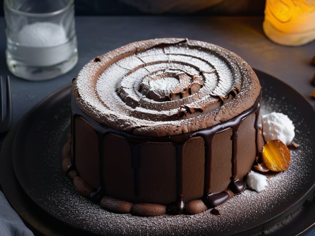  An ultradetailed closeup image of a perfectly baked glutenfree chocolate lava cake, dusted with a light sprinkle of powdered sugar, sitting on a sleek, matte black plate. The cake is oozing rich, gooey chocolate from the center, creating a mouthwatering contrast against the dark background. The texture of the cake is visible, showcasing its moist crumb and decadent richness, inviting viewers to indulge in its glutenfree deliciousness. hyperrealistic, full body, detailed clothing, highly detailed, cinematic lighting, stunningly beautiful, intricate, sharp focus, f/1. 8, 85mm, (centered image composition), (professionally color graded), ((bright soft diffused light)), volumetric fog, trending on instagram, trending on tumblr, HDR 4K, 8K