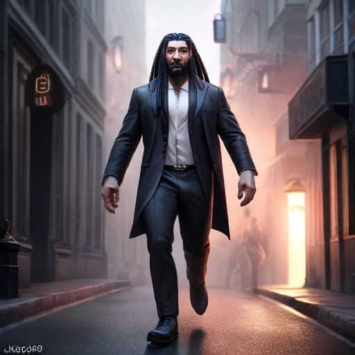  A thin black man with long dreadlocks and a small beard only on his chin running down a run down British street about to throw a bottle of milk as though it was a petrol bomb hyperrealistic, full body, detailed clothing, highly detailed, cinematic lighting, stunningly beautiful, intricate, sharp focus, f/1. 8, 85mm, (centered image composition), (professionally color graded), ((bright soft diffused light)), volumetric fog, trending on instagram, trending on tumblr, HDR 4K, 8K
