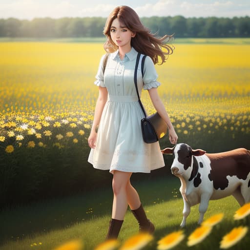  a girl with brown hair walking in a field filled with daisies and walking beside her cow , hyperrealistic, high quality, highly detailed, perfect lighting, intricate, sharp focus, f/1. 8, 85mm, (centered image composition), (professionally color graded), ((bright soft diffused light)), trending on instagram, HDR 4K, 8K