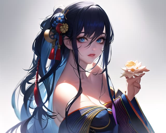  Blue hair, long hair, kimono, dark personality, (Masterpiece, BestQuality:1.3), (ultra detailed:1.2), (hyperrealistic:1.3), (RAW photo:1.2),High detail RAW color photo, professional photograph, (Photorealistic:1.4), (realistic:1.4), ,professional lighting, (japanese), beautiful face, (realistic face)