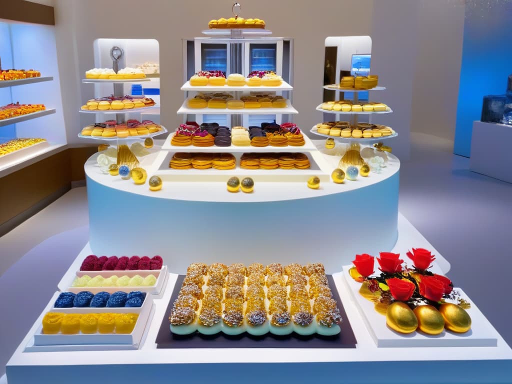  A highresolution image of a sleek, modern kitchen countertop with an assortment of beautifully decorated pastries and confectioneries neatly arranged on elegant serving platters. The pastries are intricately designed with colorful icing, delicate sugar flowers, and edible gold accents, showcasing exquisite craftsmanship and attention to detail. The minimalist aesthetic of the image highlights the sophistication and artistry involved in pastry making, setting the tone for a professional and inspiring networking event centered around the world of baking and confectionery. hyperrealistic, full body, detailed clothing, highly detailed, cinematic lighting, stunningly beautiful, intricate, sharp focus, f/1. 8, 85mm, (centered image composition), (professionally color graded), ((bright soft diffused light)), volumetric fog, trending on instagram, trending on tumblr, HDR 4K, 8K